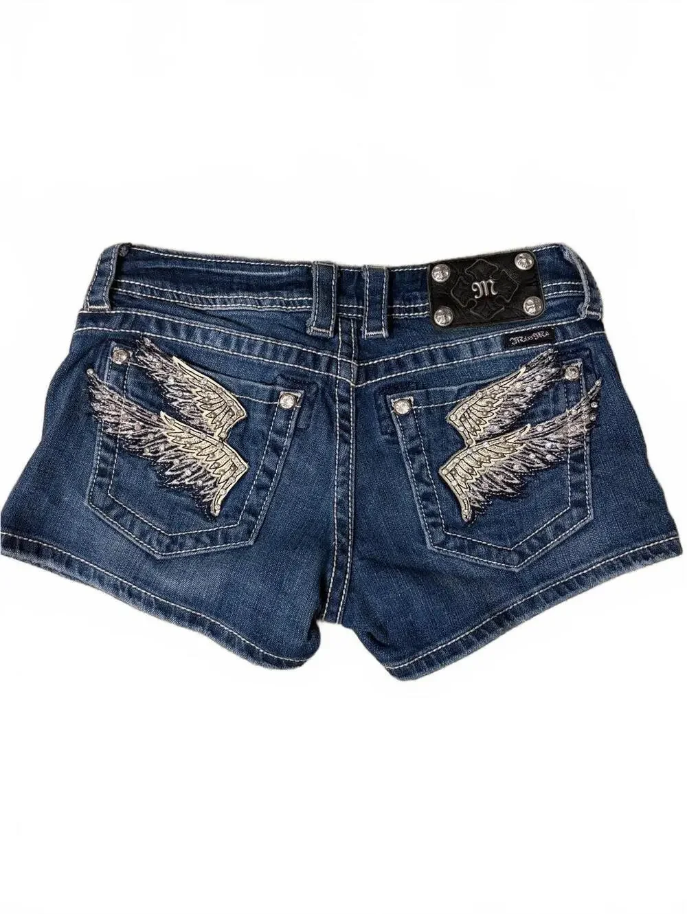 Miss Me Women's Low-Rise Denim Shorts Size 27 with Wing Embroidery & Rhinestones